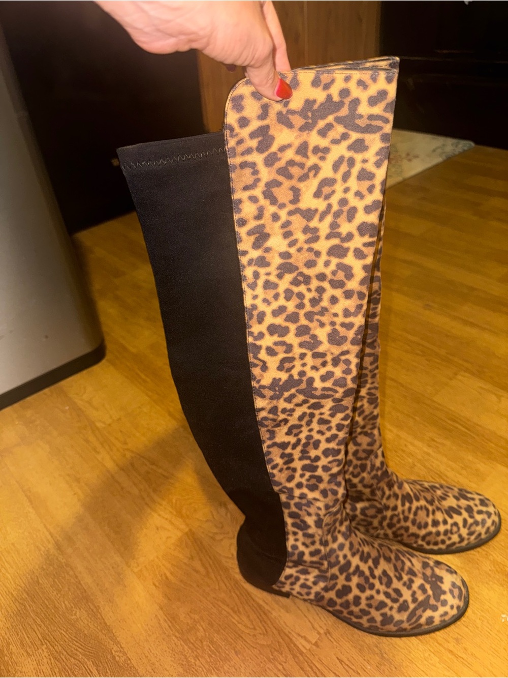 Women's Leopard Print Over-the-Knee Boots - Black & Brown